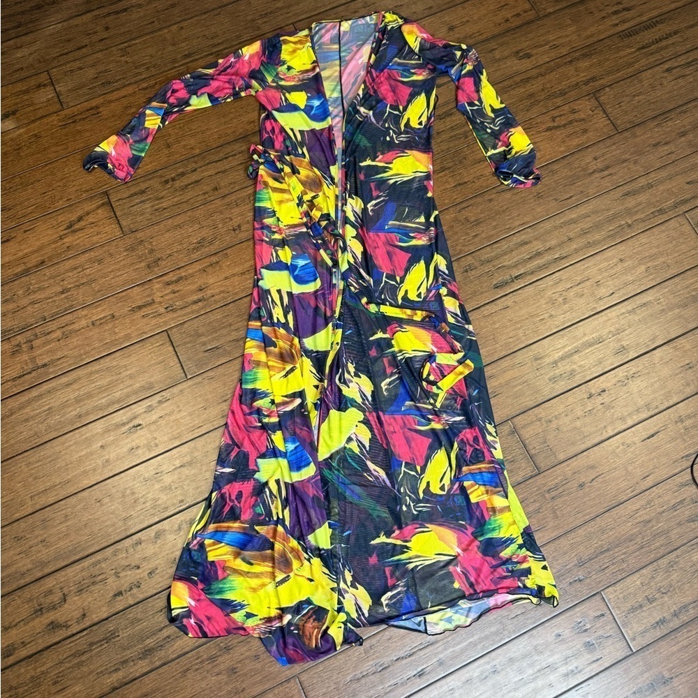 Swimsuit Cover Up Sheer Vibrant Multicolor Maxi long sleeve